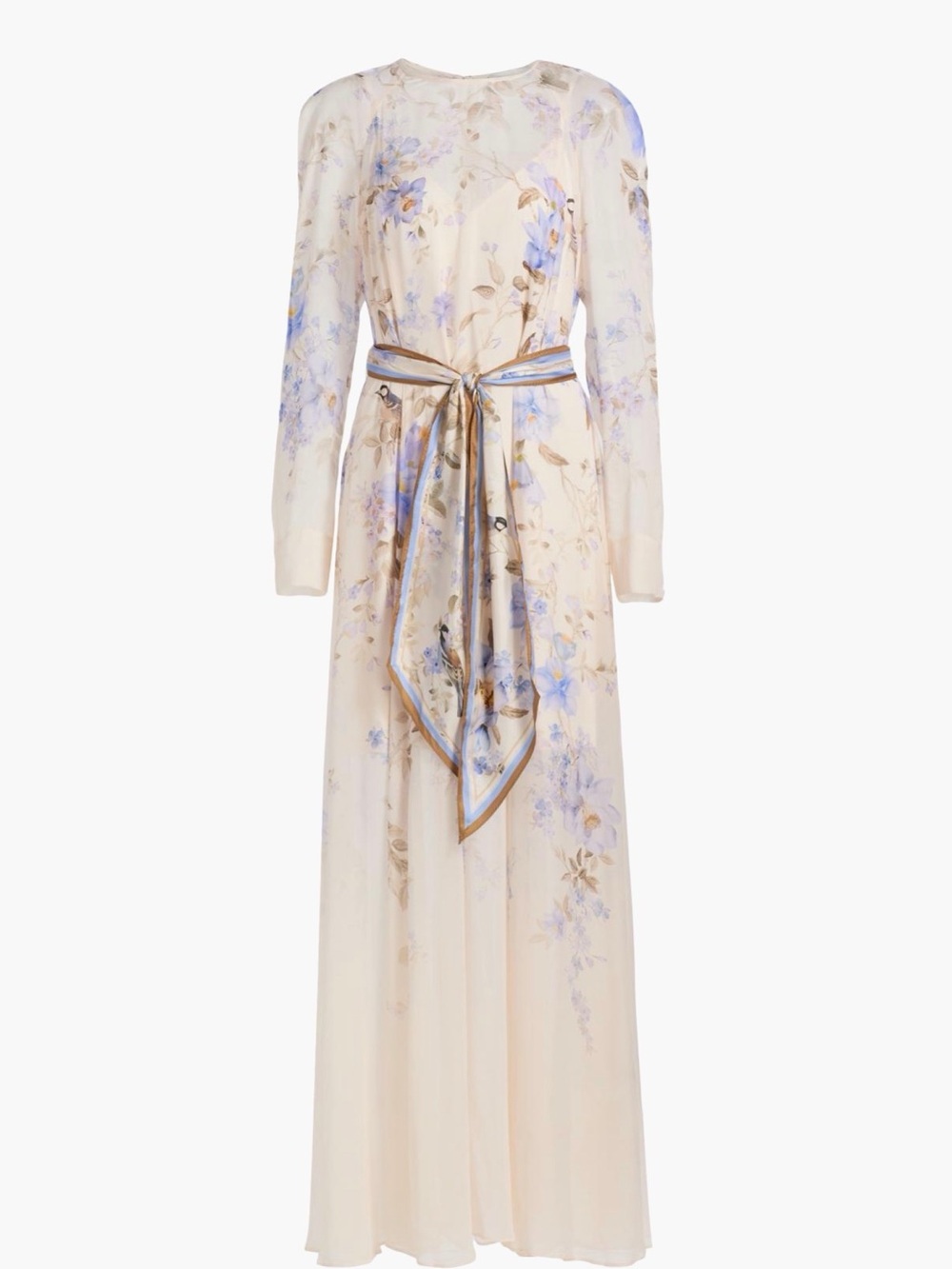 Zimmermann Cream Maxi Dress with Blue Floral Print and Belt